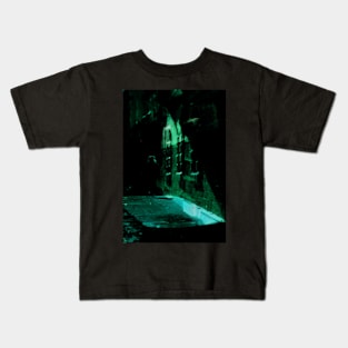 Special processing. Person walking at night, on dark street, with stone walls. Green. Kids T-Shirt